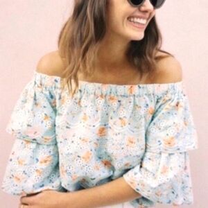 LAIA Women's Ashtabula Embroidered Off The Shoulder Floral Blouse Green EUC